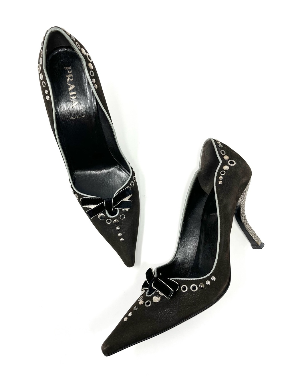 Vintage Prada 90s Brown Leather Pointed Toe Grommet Stud Bow Heels Pumps 37.5